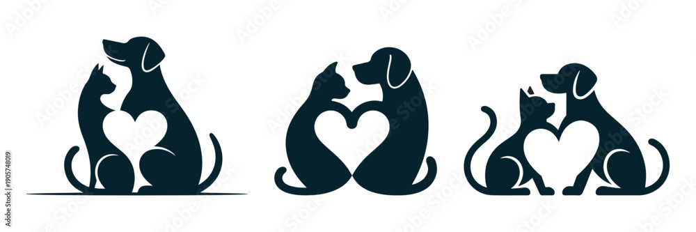 Obraz premium Three minimalist dog and cat silhouettes forming hearts