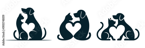 Three minimalist dog and cat silhouettes forming hearts