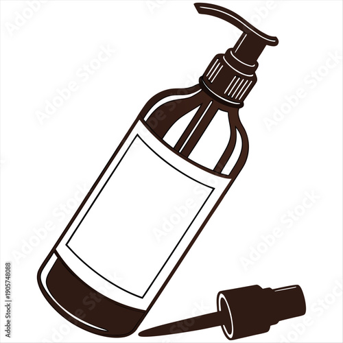 Amber plastic pump bottle with blank white label for soap or lotion mockup. Isolated on transparent background