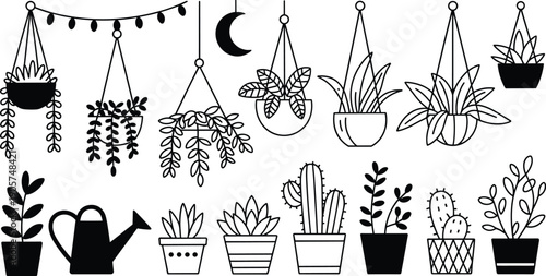 Minimal indoor plant illustration set, hanging houseplants and potted succulents, black line art, modern botanical decor, cozy home elements, isolated white background