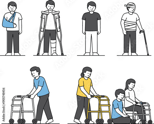 Set of medical injury and rehabilitation icons featuring patients with crutches walkers slings and bandages for healthcare design