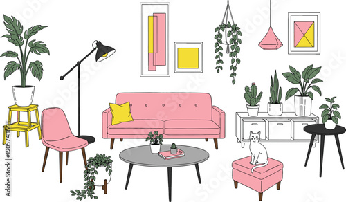 Detailed vector line art illustration of a modern living room featuring a pink sofa, plants, and mid-century furniture