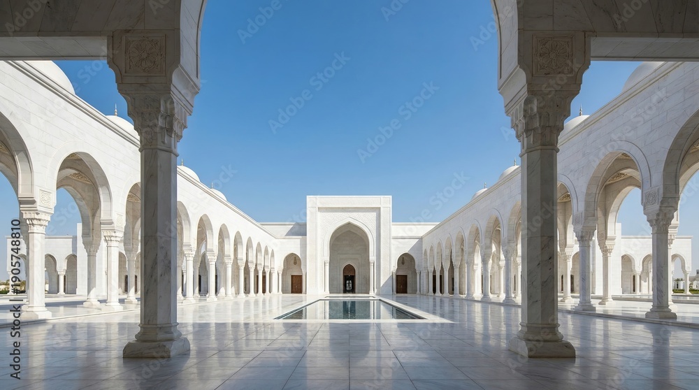 Obraz premium White Marble Mosque Courtyard with Reflection Pool Framed by Arched Columns under Blue Sky - Modern Islamic Architecture Concept