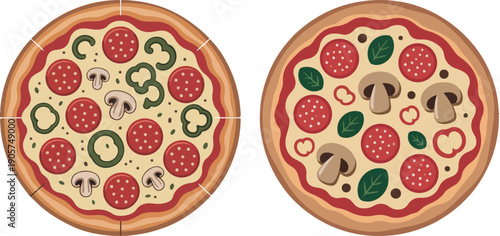 Two cartoon pizzas with pepperoni mushrooms and peppers