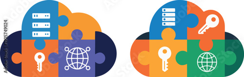 Two cloud puzzle pieces with server key and globe icons