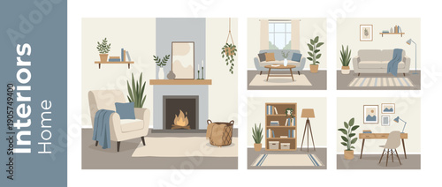Stylish Cozy Modern Minimalist Home Interior Design Set Featuring Living Room with Fireplace, Comfortable Sofa, Bookshelf Nook, and Home Office Workspace. Flat Vector Illustration in Earthy Tones.