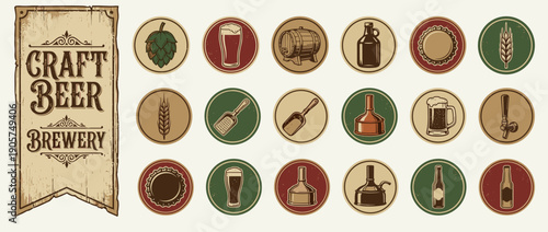 Vintage Craft Beer Brewery Icon Set with Rustic Wood Sign and Brewing Symbols like Hops, Barley, Barrels, Mugs, and Bottles. Perfect for Pub, Bar, and Microbrewery Branding and Graphic Design.