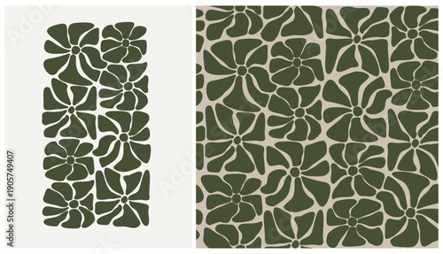 Seamless Floral Vector Pattern And Modern Illustration With Bold Geometric Flower Motifs. Abstract Floral Hand Drawn Design Perfect  For Fabric, Wallpaper, Packaging And Modern Decorative Projects.