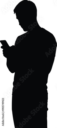 Man silhouette stands while looking down at a mobile device to illustrate modern digital communication and social connectivity.