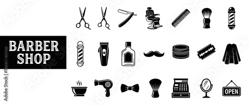 Professional Barber Shop Icon Collection Featuring Vintage Grooming Tools, Haircut Equipment, Scissors, Straight Razor, Barber Pole, Chair, Mustache, and Salon Accessories in Black Vector Style.