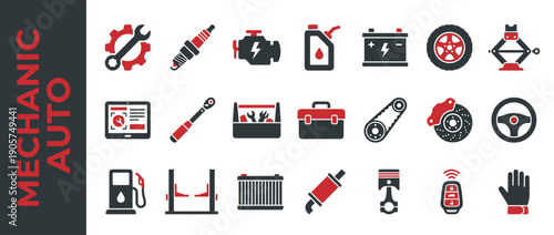 Car Mechanic and Auto Repair Service Icon Set Featuring Engine Parts, Tools, Maintenance Equipment, and Garage Symbols in Red and Black Flat Vector Design for Automotive Industry Graphics.