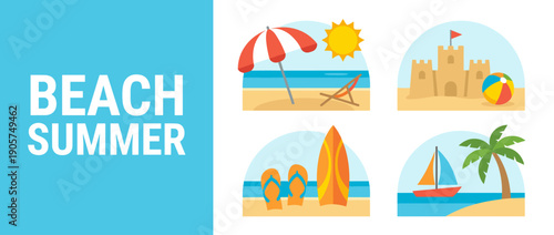 Flat Summer Beach Vacation Vector Illustration Set with Sun, Umbrella, Sandcastle, Surfboard, Flip-flops, Sailboat, and Palm Tree Icons for Travel, Holiday, and Seasonal Graphic Design Projects.
