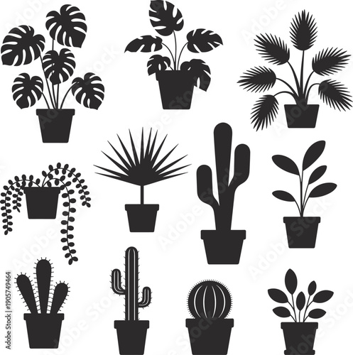 Minimal potted plant silhouette icon set, indoor houseplants collection, black solid vector shapes, modern botanical decor, isolated white background, design