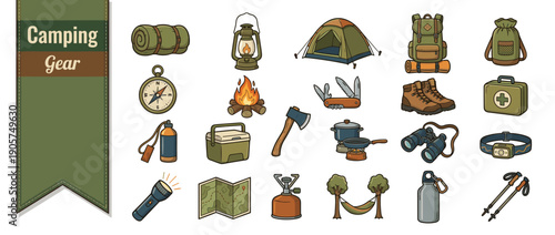 Comprehensive Collection of Camping Gear and Outdoor Adventure Equipment Icons Featuring Tent, Backpack, Hiking Boots, Compass, Lantern, Campfire, First Aid Kit, Binoculars, and Survival Tools.