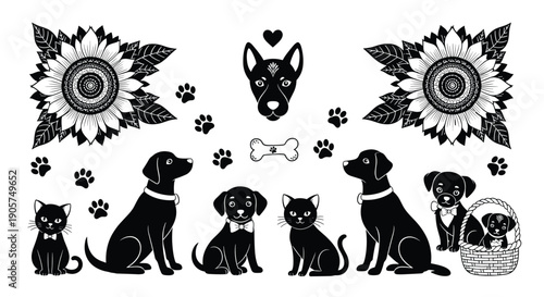 Black silhouette set of sitting dogs and cats with sunflower icons and paw prints isolated on white 