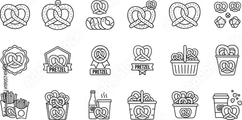 Detailed vector line art icon set featuring various pretzels, bakery badges, baskets, and snack pairings with drinks