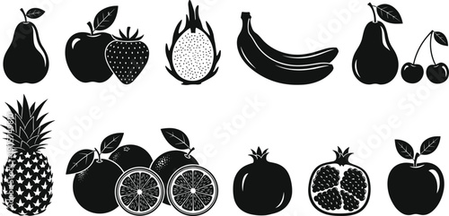 Black, fruit, icons, set, with, pineapple, banana, apple, strawberry, dragon, fruit, pear, cherry, orange, pomegranate, silhouette, collection, isolated, on, white, background, vector.