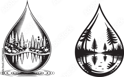 Water drop containing forest landscape and reflection