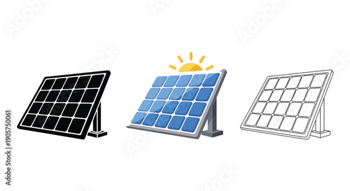 Collection of three distinct solar panel icons representing clean energy generation in various styles