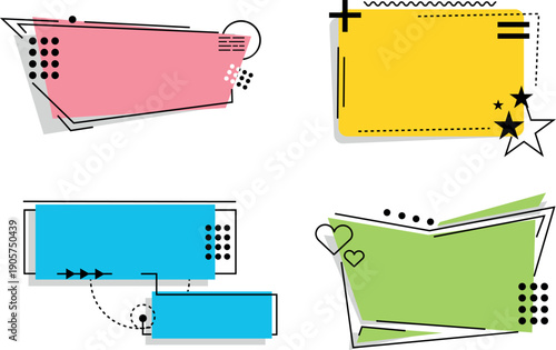 A set of four vector dialog boxes in a dynamic geometric style. Each element has a bright color scheme and original design.