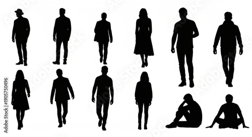 Diverse group of people silhouettes standing and walking in various poses.