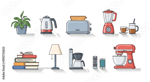 Collection of various household appliances and decorative items for home interior.