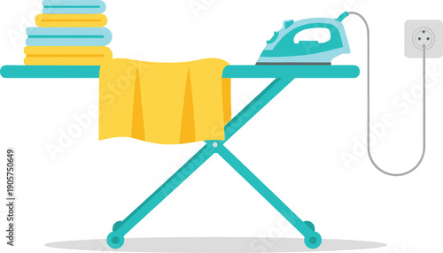 Colorful flat vector illustration of an ironing board with a teal iron, folded laundry, and wall power outlet
