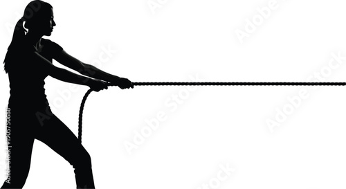 Woman silhouette pulls a long rope horizontally while standing in a bracing pose against white.