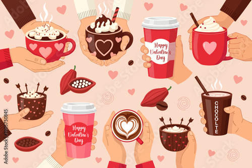 Hands holding various Valentine's Day hot chocolate and coffee drinks with hearts.