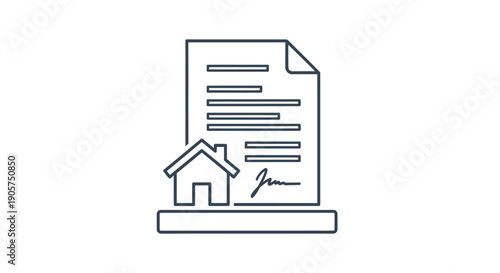 Simple line art icon representing a legally binding document for property transfer featuring a house silhouette and an official signature.