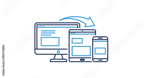 Icon illustrating the smooth and efficient synchronization of digital content across a desktop monitor a tablet and a modern smartphone device.