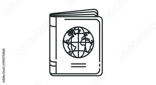 Minimalist line art icon representing an open passport booklet featuring a simple globe emblem symbolizing international travel documentation and global navigation needs.