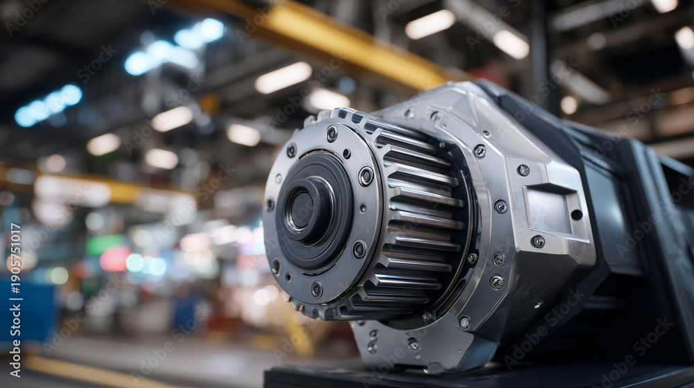 Fototapeta premium Hyper-realistic detailed view of electric motor end shield and bearings, metallic housing reflecting workshop lights, intricate screw threads and mount points in focus, shallow dep