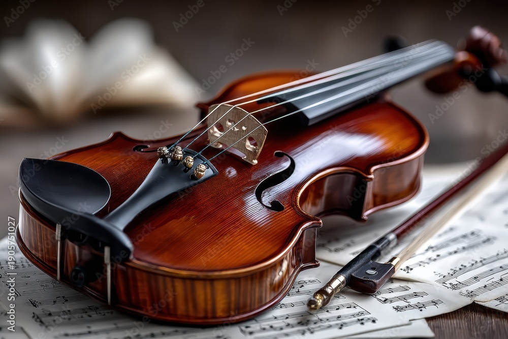 Fototapeta premium Beautiful wooden violin resting on sheet music with bow placed nearby in warm light