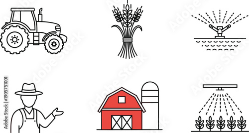 Agriculture and farming flat line icon set with tractor, barn, farmer, irrigation system, crops and rural harvest vector illustration
