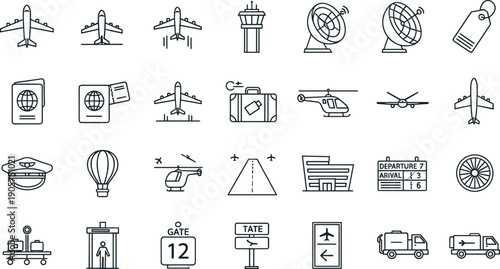Airport And Aviation Line Icon Set Featuring Airplane, Control Tower, Boarding Gate And Flight Departure Vector Collection
