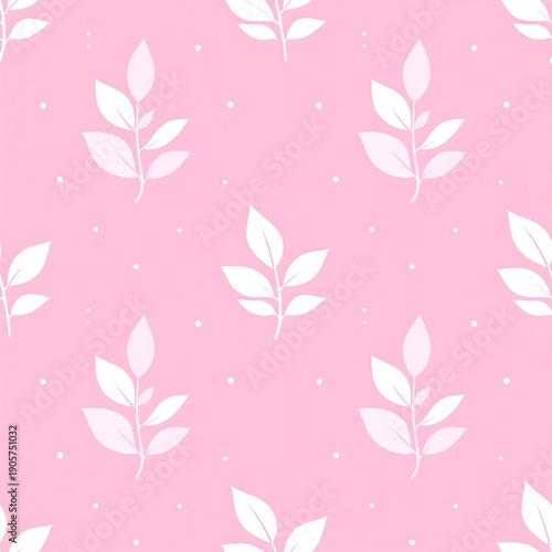 Light pink backdrop features stylized white leaf sprigs and small white dots arranged in a symmetrical, repeating pattern