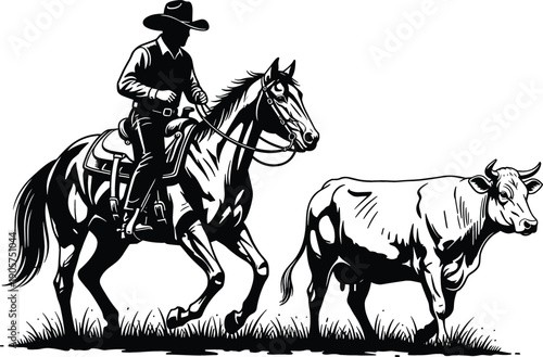 Detailed black and white illustration of a cowboy on a horse herding a cow for western ranching design