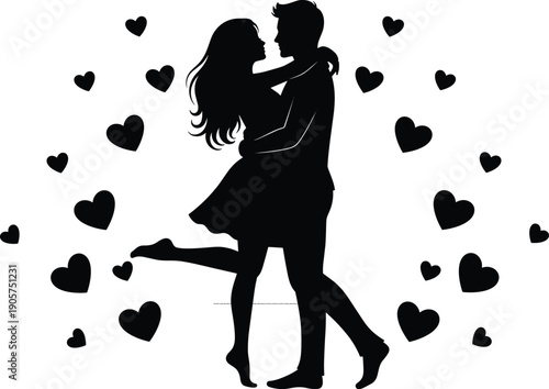Romantic couple silhouette, love heart illustration, Valentine embrace design, affectionate pair artwork, 
