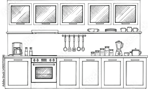 Detailed black and white line illustration of a modern kitchen with cabinets oven appliances and utensils for interior design