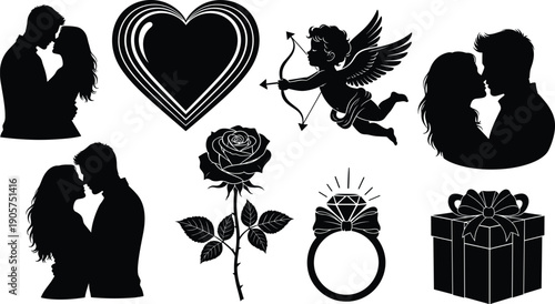 Romantic couple silhouette, love heart illustration, Valentine icon design, cupid with arrow artwork, rose flower drawing, engagement ring graphic, romantic gift symbol, celebration sketch
