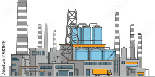 Detailed industrial factory complex illustration featuring chimneys storage silos and logistics truck for manufacturing and energy industry design