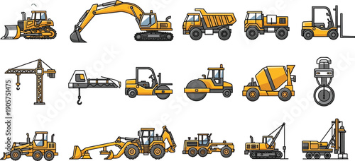 Construction heavy equipment flat line icon set with excavator, bulldozer, crane, dump truck, roller and industrial machinery vector illustration