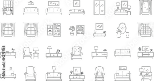 Collection of various furniture line drawings isolated on transparent background