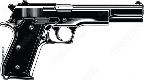 Black and white handgun illustration for tactical security gaming and firearm safety instruction manual graphic design
