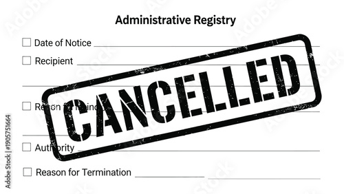 Cancellation Stamp: A bold CANCELLED stamp, decisively placed over an administrative registry form, signifies a crucial decision.