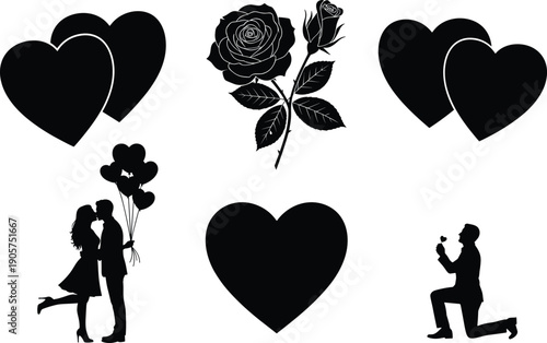 Romantic couple silhouette, love heart illustration, Valentine proposal design, rose flower artwork, cupid arrow graphic, wedding ring drawing, romantic gift symbol, affectionate embrace sketch