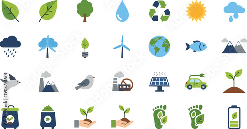 Eco Environment And Sustainability Icon Set Featuring Renewable Energy, Recycling, Nature Conservation And Green Technology Vector Collection