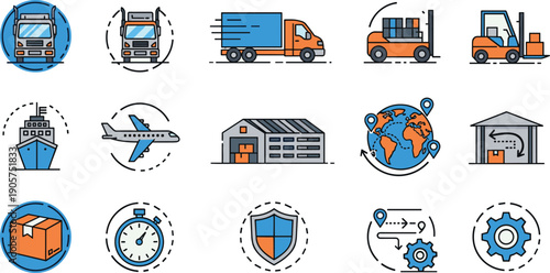 Global logistics and transportation flat line icon set with shipping, delivery trucks, cargo, warehouse and supply chain vector illustration