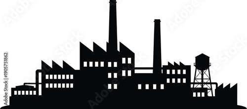 Factory silhouette featuring industrial chimneys and a storage tank stands against a white backdrop.